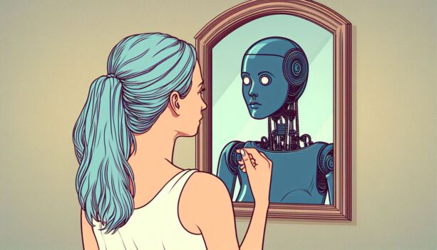 AI in Ad Tech: Revolution, or Just Programmatic Rebranded? a woman looking in a mirror and seeing a robot as her reflection